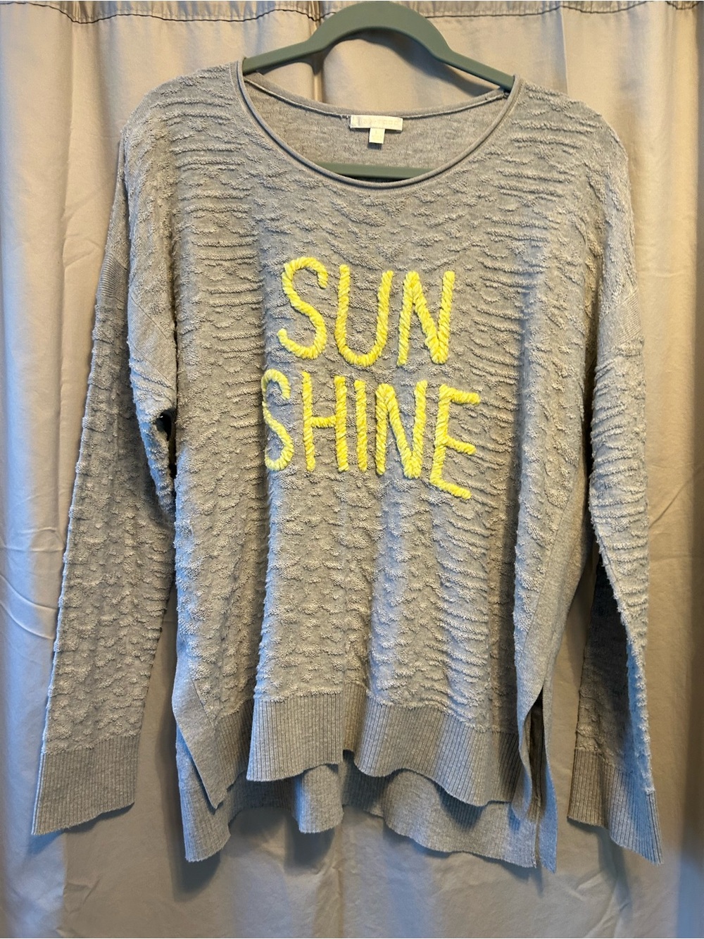 Lightweight Gray 'SUNSHINE' Lisa Todd Textured Sweater with Yellow Embroidery